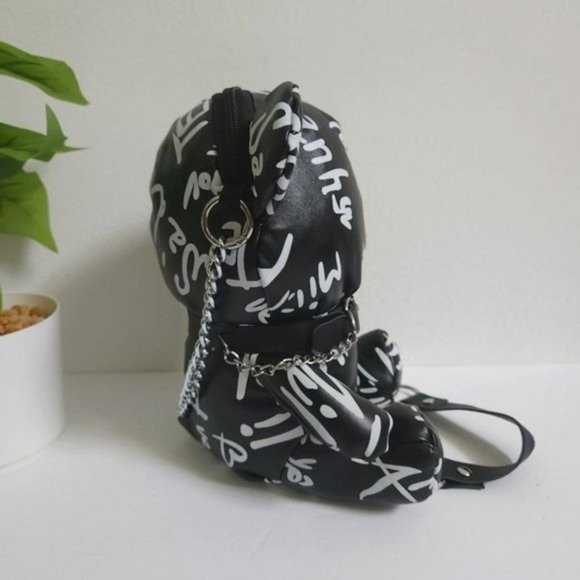 Letter Print Bear Doll Shape Shoulder Bag, Zipper FauxLeather Buckled Chain Cr - Picture 7 of 13